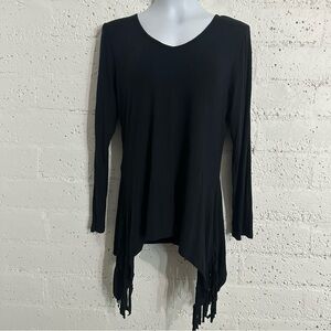 Venus Women’s Top L Black Long Sleeve Fringe Fitted Rayon Blend Scoop V Neck AJ3